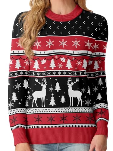 QIXING Weihnachtspullover Damen Rundhals Langarm Strickpullover Damen Christmas Pulli Sweater Lange Ärmel Pullover (Rot-Schwarz Rentier & Weihnachtsbaum, XL) von QIXING