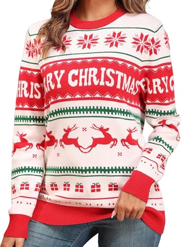 QIXING Weihnachtspullover Damen Rundhals Langarm Strickpullover Damen Christmas Pulli Sweater Lange Ärmel Pullover (Rot-Weiß Frohe Weihnachten, L) von QIXING