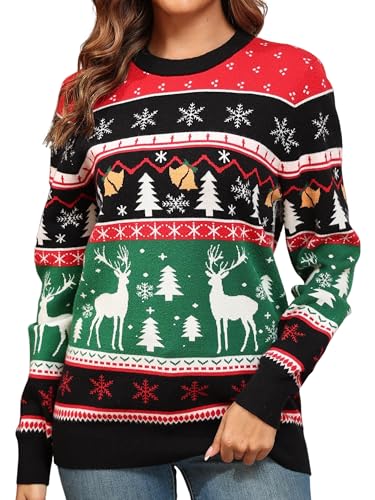 QIXING Weihnachtspullover Damen Rundhals Langarm Strickpullover Damen Christmas Pulli Sweater Lange Ärmel Pullover (Schwarz-Grünes Rentier & Weihnachtsbaum, XXL) von QIXING