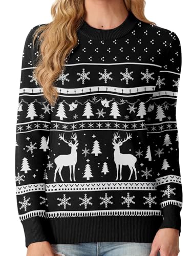 QIXING Weihnachtspullover Damen Rundhals Langarm Strickpullover Damen Christmas Pulli Sweater Lange Ärmel Pullover (Schwarzes Rentier & Weihnachtsbaum, S) von QIXING