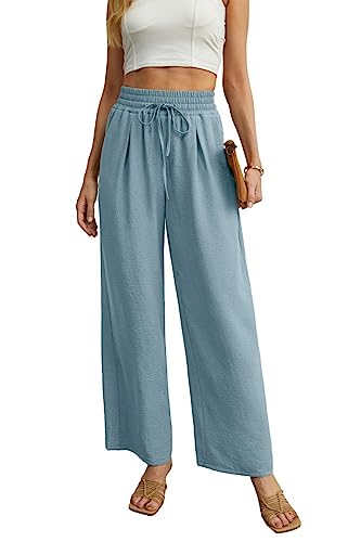 QIXING Weite Hosen Damen High Waist Palazzo Hose Gerade mit Taschen Yoga Stoffhose Damen Elegant Sommer Damenhose mit Gummizug (Blau Grau, M) von QIXING