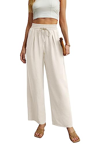 QIXING Weite Hosen Damen High Waist Palazzo Hose Gerade mit Taschen Yoga Stoffhose Damen Elegant Sommer Damenhose mit Gummizug (Elfenbein, M) von QIXING