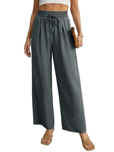 QIXING Weite Hosen Damen High Waist Palazzo Hose Gerade mit Taschen Yoga Stoffhose Damen Elegant Sommer Damenhose mit Gummizug (Grau, S) von QIXING