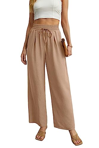 QIXING Weite Hosen Damen High Waist Palazzo Hose Gerade mit Taschen Yoga Stoffhose Damen Elegant Sommer Damenhose mit Gummizug (Khaki, M) von QIXING