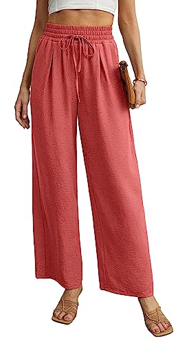 QIXING Weite Hosen Damen High Waist Palazzo Hose Gerade mit Taschen Yoga Stoffhose Damen Elegant Sommer Damenhose mit Gummizug (Koralle, S) von QIXING