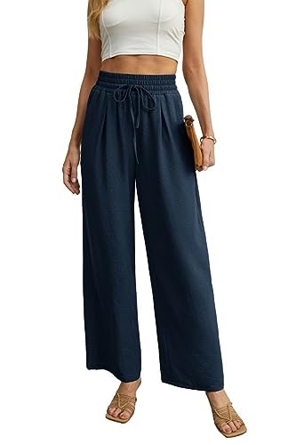 QIXING Weite Hosen Damen High Waist Palazzo Hose Gerade mit Taschen Yoga Stoffhose Damen Elegant Sommer Damenhose mit Gummizug (Marineblau, M) von QIXING