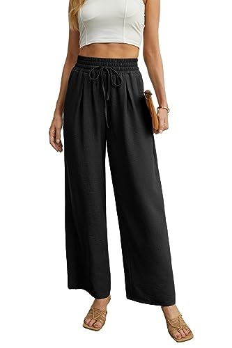 QIXING Weite Hosen Damen High Waist Palazzo Hose Gerade mit Taschen Yoga Stoffhose Damen Elegant Sommer Damenhose mit Gummizug (Schwarz, XL) von QIXING