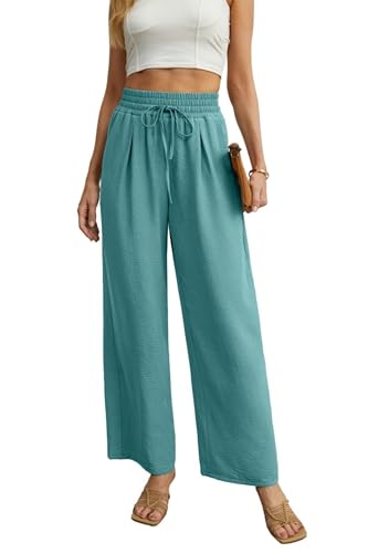 QIXING Weite Hosen Damen High Waist Palazzo Hose Gerade mit Taschen Yoga Stoffhose Damen Elegant Sommer Damenhose mit Gummizug (Seeblau, XL) von QIXING