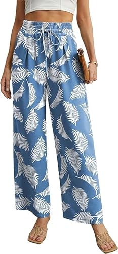 QIXING Weite Hosen Damen High Waist Palazzo Hose Gerade mit Taschen Yoga Stoffhose Elegant Sommer Damenhose mit Gummizug(Blau-Feder, L) von QIXING