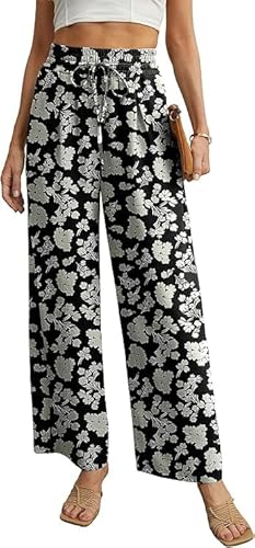 QIXING Weite Hosen Damen High Waist Palazzo Hose Gerade mit Taschen Yoga Stoffhose Elegant Sommer Damenhose mit Gummizug(Schwarz-Pfirsichblüte, XL) von QIXING