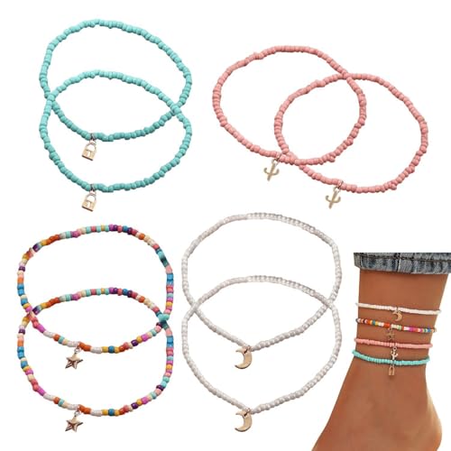 QIXNBL 8 Stück Böhmische Fußkettchen, Handgefertigte Mehrschichtige Perlen, Farbige Mond- Und Sternanhänger, Elastische Fußkettchen, Sommerstrandaccessoires. von QIXNBL