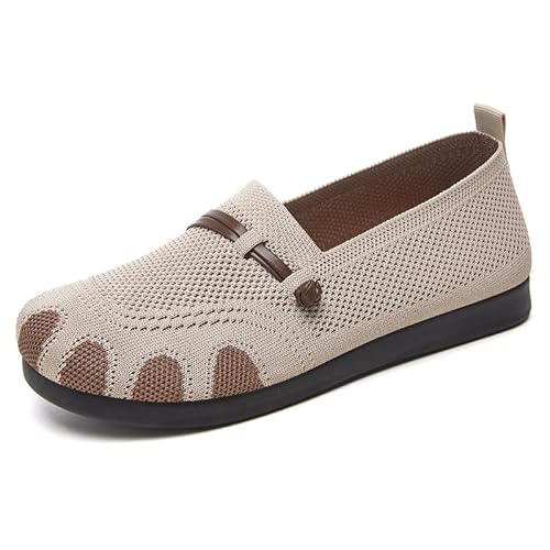 Damen Ballerina Flache Schuhe Komfort Slip On Klassische Rundkappe Pumps Schuhe Knit Faltbare Ballerinas Elegant Bequem Sommerschuhe Walking Flats für Frauen (Milch Kaffee Farbe,36) von QIXUJAK