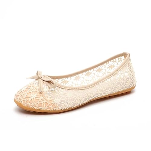 Damen Ballerinas Slip On Knit Kleid Schuhe Pumps Schuhe Runde Zehe Brautschuhe Flach Spitzenstoff (Cremefarben,38) von QIXUJAK