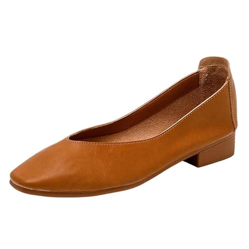 Damen Leder Schuhe Pumps mit Integrierter Gel Einlegesohle. Elegante und Bequem, mit Blockabsatz. Breiter Absatz in 2 Höhen: High und Low. (Braun (2,5 cm),37) von QIXUJAK