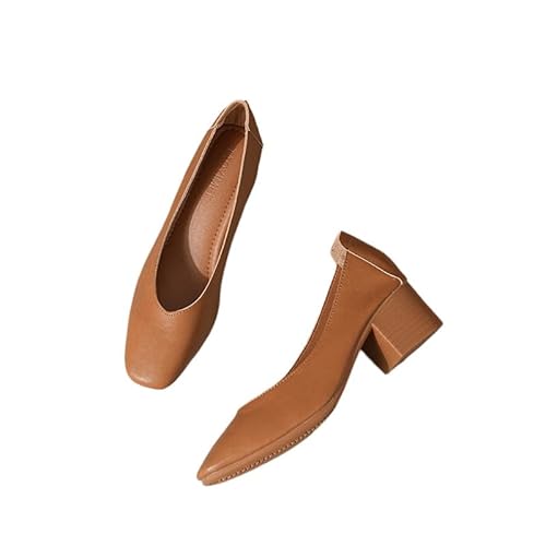 Damen Leder Schuhe Pumps mit Integrierter Gel Einlegesohle. Elegante und Bequem, mit Blockabsatz. Breiter Absatz in 2 Höhen: High und Low. (Braun (4,5 cm),34) von QIXUJAK