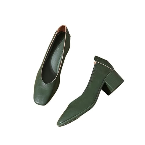 Damen Leder Schuhe Pumps mit Integrierter Gel Einlegesohle. Elegante und Bequem, mit Blockabsatz. Breiter Absatz in 2 Höhen: High und Low. (Grün (4,5 cm),34) von QIXUJAK