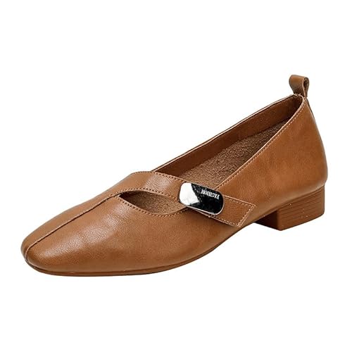 Damen Mary Jane Ballerinas mit verstellbarem Klettverschluss weichem Futter quadratischer Zehe Profilsohle Flach Elegant Tanzschuhe für Büro & Freizeit (Braun (2,5 cm),39) von QIXUJAK