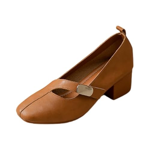 Damen Mary Jane Ballerinas mit verstellbarem Klettverschluss weichem Futter quadratischer Zehe Profilsohle Flach Elegant Tanzschuhe für Büro & Freizeit (Braun (4,5 cm),39) von QIXUJAK