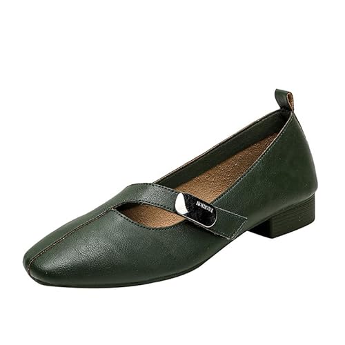 Damen Mary Jane Ballerinas mit verstellbarem Klettverschluss weichem Futter quadratischer Zehe Profilsohle Flach Elegant Tanzschuhe für Büro & Freizeit (Grün (2,5 cm),38) von QIXUJAK