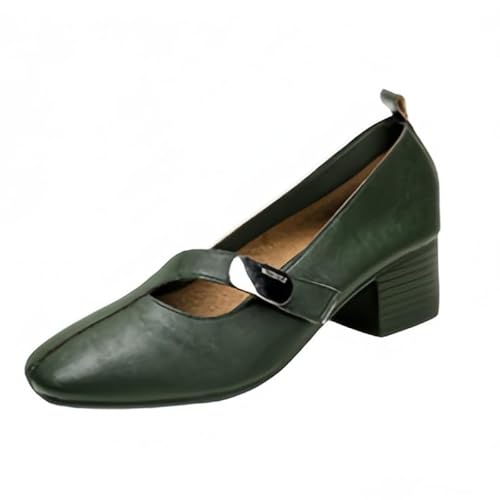 Damen Mary Jane Ballerinas mit verstellbarem Klettverschluss weichem Futter quadratischer Zehe Profilsohle Flach Elegant Tanzschuhe für Büro & Freizeit (Grün (4,5 cm),37) von QIXUJAK