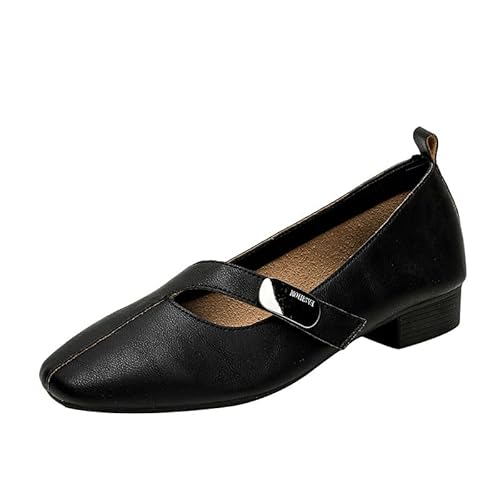 Damen Mary Jane Ballerinas mit verstellbarem Klettverschluss weichem Futter quadratischer Zehe Profilsohle Flach Elegant Tanzschuhe für Büro & Freizeit (Schwarz (2,5 cm),36) von QIXUJAK