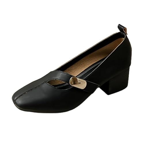 Damen Mary Jane Ballerinas mit verstellbarem Klettverschluss weichem Futter quadratischer Zehe Profilsohle Flach Elegant Tanzschuhe für Büro & Freizeit (Schwarz (4,5 cm),34) von QIXUJAK