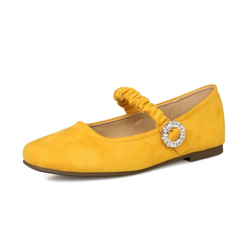 Damen Mary Jane Schuhe Flache Französische Süße Strass Einfache Flache Ballettschuhe Hundert Bequeme Elegante Bankett Braut Pumps (Gelb,35) von QIXUJAK