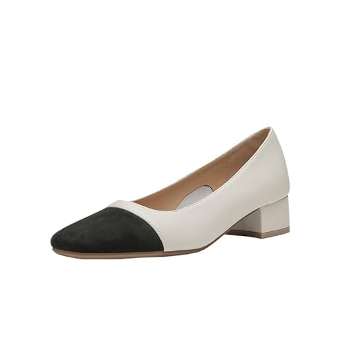 Damen Spitze Kappen Zehe Slip on Zweifarbige Komfort Niedriger Blockabsatz Pumps Für Büro Abend Hochzeit (Cremefarben 3cm,34) von QIXUJAK