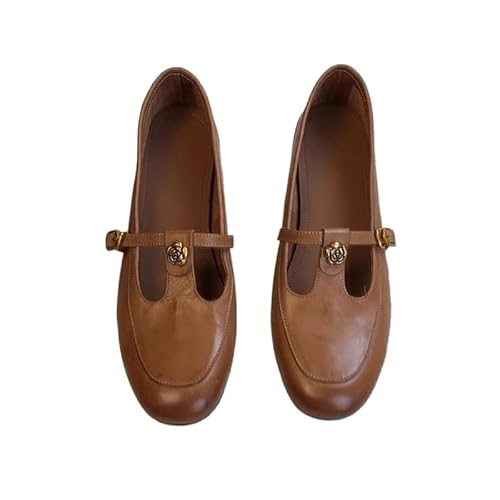 Damen Square Toe Comfy Mary Jane Low Blockabsatz Flach Freizeit Tanzschuhe (Dunkelbraun,35) von QIXUJAK