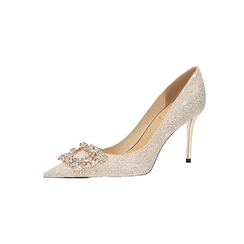 Damen Stiletto Pumps mit Pfennigabsatz High Heels 6CM/8CM Elegant Satin Party Abschlussball Pumps Spitze Zehe Sparkly Sexy Hochzeitskleid Schuhe Stiletto Damenschuhe (Gold 8cm,38) von QIXUJAK