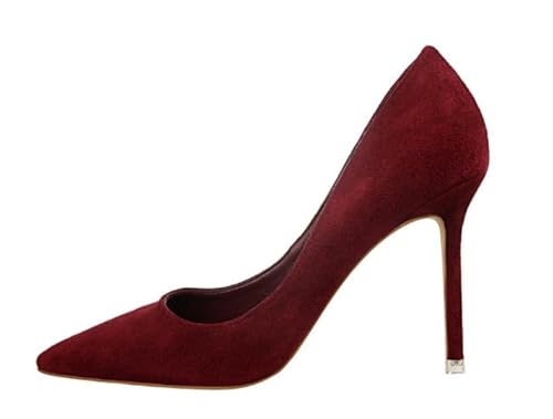 Damen Wildlederoptik High Heel Spitz Geschlossene Zehe Stiletto Elegant Party Abiball Büroarbeit Pumps (Jujube,41) von QIXUJAK