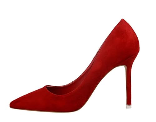 Damen Wildlederoptik High Heel Spitz Geschlossene Zehe Stiletto Elegant Party Abiball Büroarbeit Pumps (Rot,41) von QIXUJAK