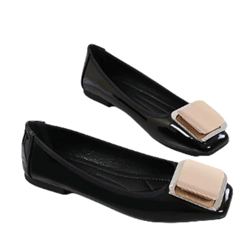 Frauen Ballerinas Flache Schuhe Klassische Geschlossene mit Schließe und Quadratspitze, Bequeme，Geeignet für Büroarbeit (Schwarz,36) von QIXUJAK