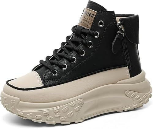 Frauen Mode Turnschuhe Weiß Schuhe Bequem Atmungsaktiv Casual Platform Sneakers Low Top Lace Up Footwer für Walking Running Hochzeit (Schwarz,40) von QIXUJAK