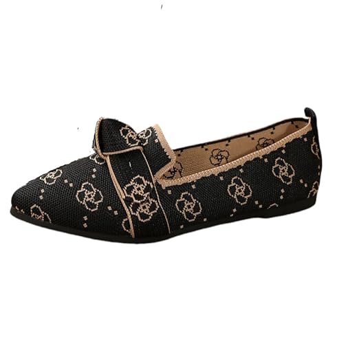 Komfort Ballettschuhe Damen Knit Spitze Zehen Flache Pumps Modische Flache Mary Jane Schuhe (Schwarze,36) von QIXUJAK