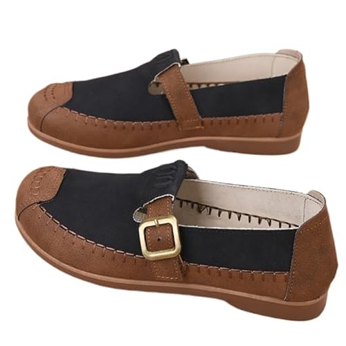 Leder Freizeitschuhe Damen Flach Modische Loafers Weiche Sohle Frauen Schuhe mit Schnalle rutschfeste BarfußSchuhe Elegante Ballerina Schuhe Breite Füße Halbschuhe (Schwarze,41) von QIXUJAK