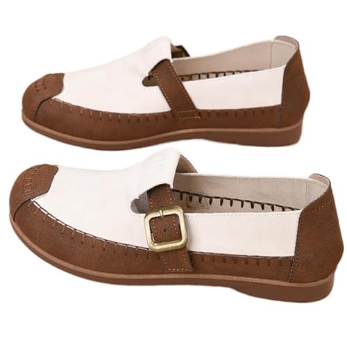 Leder Freizeitschuhe Damen Flach Modische Loafers Weiche Sohle Frauen Schuhe mit Schnalle rutschfeste BarfußSchuhe Elegante Ballerina Schuhe Breite Füße Halbschuhe (Weiße,40) von QIXUJAK