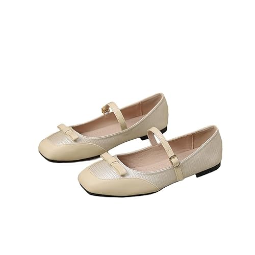 Mary Jane Flach für Frauen Patchwork Ballet Flats mit Riemen Square Toe Wanderschuhe，Elegant, komfortabel, süß (Aprikose,38) von QIXUJAK