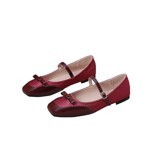 Mary Jane Flach für Frauen Patchwork Ballet Flats mit Riemen Square Toe Wanderschuhe，Elegant, komfortabel, süß (Burgunderrot,43) von QIXUJAK