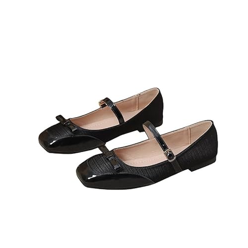 Mary Jane Flach für Frauen Patchwork Ballet Flats mit Riemen Square Toe Wanderschuhe，Elegant, komfortabel, süß (Schwarz,43) von QIXUJAK