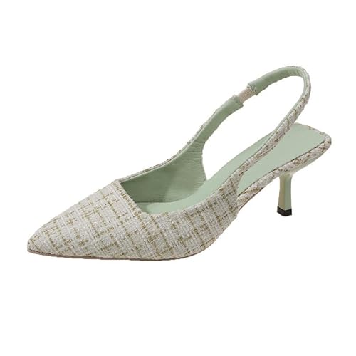 Modische und Bequeme Spitze Slingback-High Heels mit Kitten Heel für Damen, geeignet für das Pendeln zur Hochzeitsfeier (Bohnengrün,40) von QIXUJAK