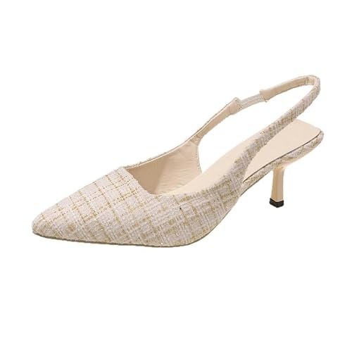 Modische und Bequeme Spitze Slingback-High Heels mit Kitten Heel für Damen, geeignet für das Pendeln zur Hochzeitsfeier (Cremefarben,38) von QIXUJAK