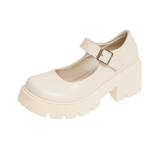 Plattform Mary Janes Lolita Gothic Plateau Kleid Pumps Schuhe Chunky Plateauschuhe Lackleder Sweet Toe, Knöchel (Beige,37) von QIXUJAK