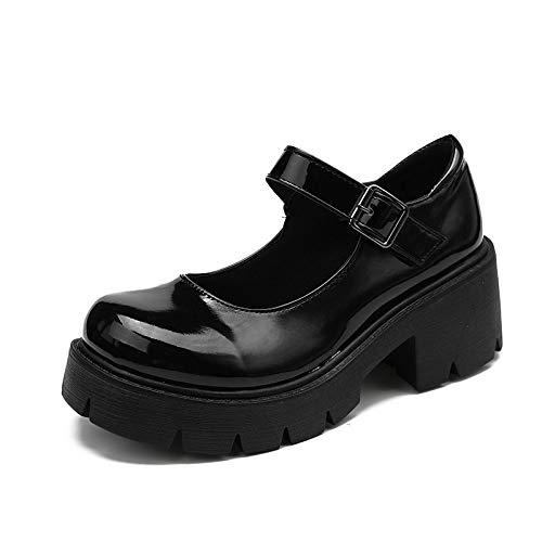 Plattform Mary Janes Lolita Gothic Plateau Kleid Pumps Schuhe Chunky Plateauschuhe Lackleder Sweet Toe, Knöchel (Helles Schwarz,38) von QIXUJAK