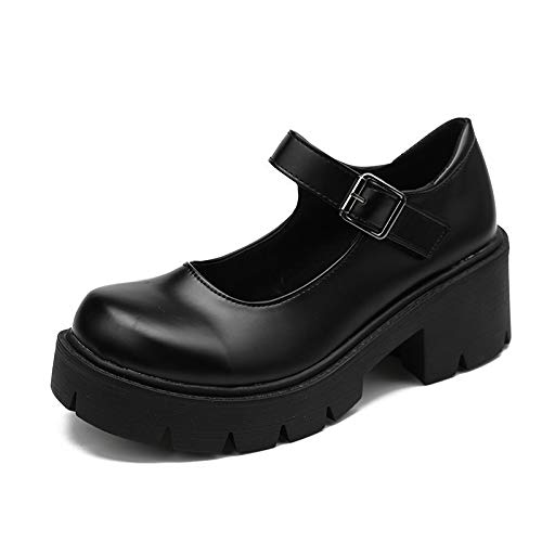 Plattform Mary Janes Lolita Gothic Plateau Kleid Pumps Schuhe Chunky Plateauschuhe Lackleder Sweet Toe, Knöchel (Mattschwarz,38) von QIXUJAK