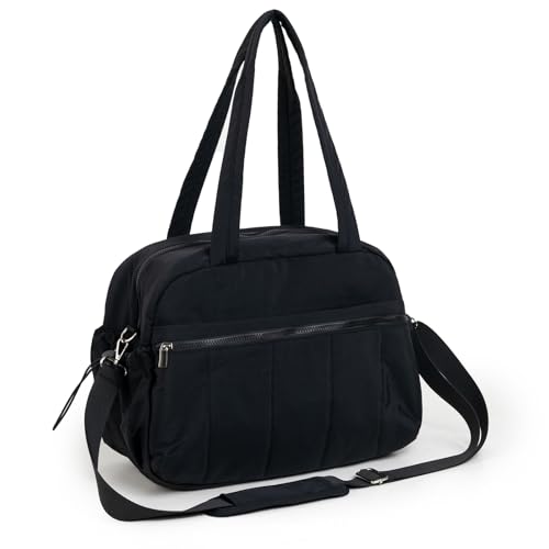 Puffer Reisetasche, Sporttasche Damen 24L Weekender Wasserabweisend Travel Bag Handgepäck Gym Bag Kliniktasche Geburt Krankenhaustasche Mit PVC Nasse Tasche Für Fitness (Schwarz,30*19*42CM) von QIXUJAK