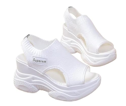 QIXUJAK Atmungsaktive Strandschuhe Koreanische Version des Schwammbodens einfarbige Pullover Mode gestrickte fliegende gewebte Sandalen für Frauen (white,39) von QIXUJAK