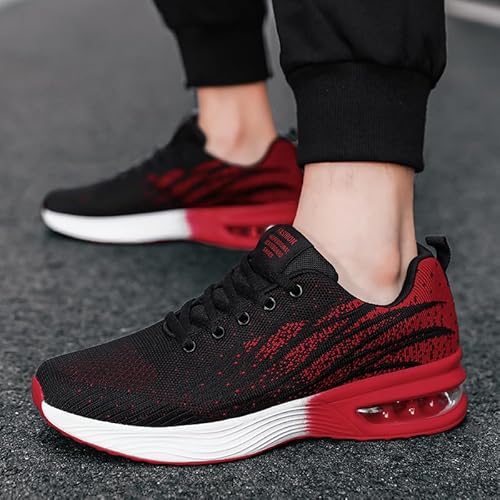 QIXUJAK Atmungsaktive Und rutschfeste Herren-Sneaker - Luftgepolsterter Komfort Für Outdoor-Aktivitäten, Einfarbige Schnürschuhe (Schwarzes und rotes Netz,39) von QIXUJAK
