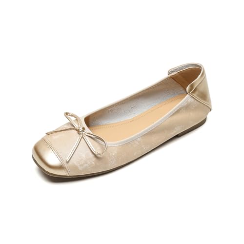 QIXUJAK Ballerinas Damen | Ballerina Flach Schuhe mit quadratischer Zehe| Ballerinas Damen elegant und Komfortable | Brautschuhe Flach (Champagner,42) von QIXUJAK