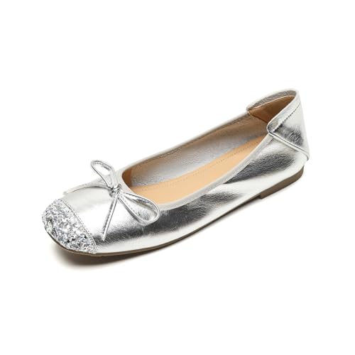 QIXUJAK Ballerinas Damen | Ballerina Flach Schuhe mit quadratischer Zehe| Ballerinas Damen elegant und Komfortable | Brautschuhe Flach (Silber,40) von QIXUJAK